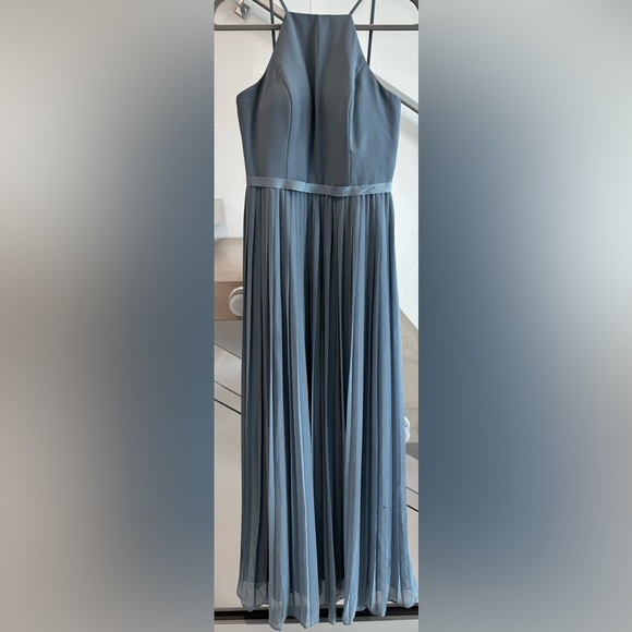 Davids Bridal Bridesmaid Dress Steel Blue Sz 4 Chiffon Halter Neck Pleated Skirt - Picture 3 of 16